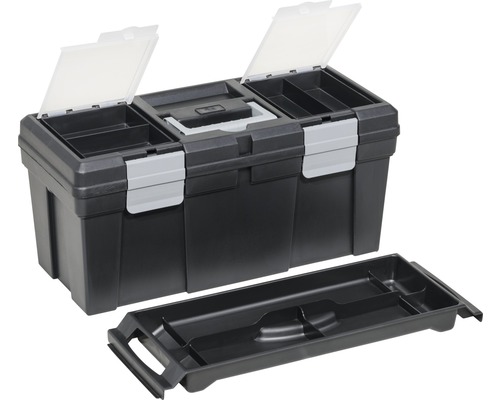 Offener schwarzer Werkzeugkasten mit herausnehmbarem Fach