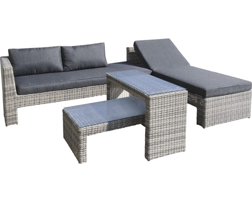 GARDEN PLACE Gartenmöbelset Chicago 4-Sitzer 4-tlg. inkl. 2 Beistelltischen 89 x 56 x 30 cm und 99 x 41 x 56 cm Polyrattan grau inkl. Sitzkissen