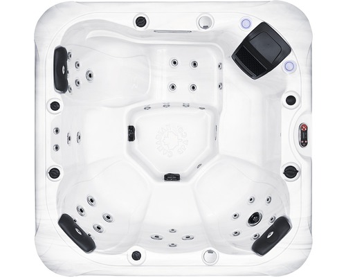 Aufnahme von oben eines Whirlpools mit mehreren Sitzen und Düsen.