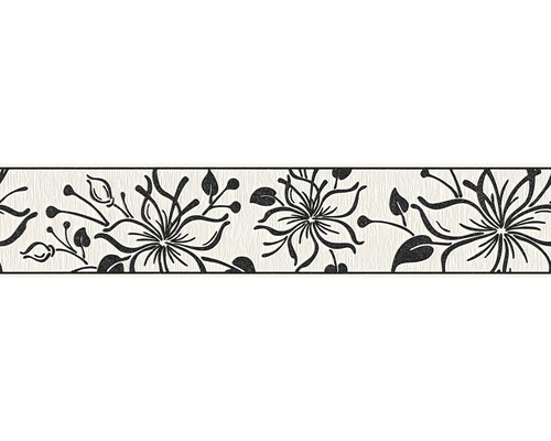 Bordüre selbstklebend Blume schwarz weiß mit Glitter 5 m x 13 cm Tapetenbordüre mit floralem Muster