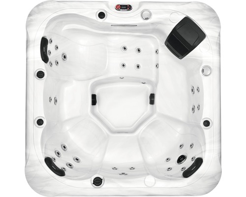 Aufnahme von oben eines Whirlpools mit mehreren Sitzen und Düsen.