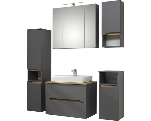 Badezimmermöbelset mit Waschtischunterschrank, Waschbecken, Spiegelschrank und Hochschränken