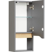 Geöffneter grauer Spiegelschrank mit Glasboden und Beleuchtung