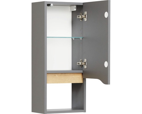 Geöffneter grauer Spiegelschrank mit Glasboden und Beleuchtung