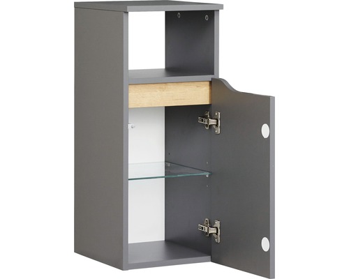 Grauer Bad-Hängeschrank mit offener Tür und Glaseinlegeböden