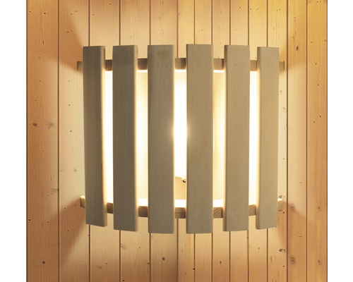 Eck-Saunaleuchte Karibu Modern für Starkstrom betriebene Saunen Holz-Wandleuchte mit vertikalen Lamellen