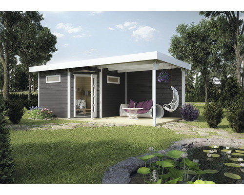 Lounge Haus weka Davos mit Fußboden und Lounge 586 x 278 cm anthrazit Garten Szene mit Gartenhaus, Terrasse und Gartenteich