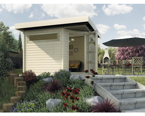Lounge Haus weka Davos mit Fußboden 338 x 338 cm natur Gartenhaus mit offenstehender Tür, Terrasse mit Grill und Sitzgelegenheiten