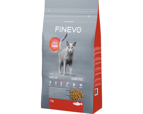 Katzenfutter trocken FINEVO Adult Cat Lachs getreidefrei 2 kg Finevo Trockenfutter für ausgewachsene Katzen mit Lachsgeschmack in einer Zweikilogramm-Packung