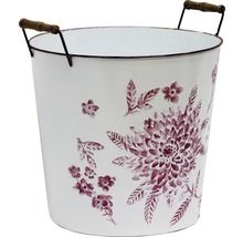 Dekorative Pflanzschale aus Metall mit Blumendesign und Holzgriffen