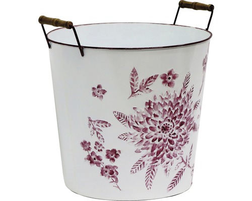 Dekorative Pflanzschale aus Metall mit Blumendesign und Holzgriffen