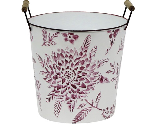 Blumentopf aus Metall mit Blumendekor und Holzgriffen