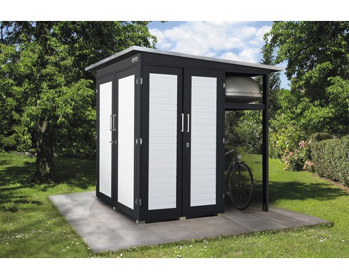 Gartenschrank weka Garten Q 200x200x217 cm anthrazit-weiß Geräteschuppen mit Doppeltüren und offenem Seitenbereich zur Aufbewahrung von Gartengeräten und Fahrrädern im Garten.