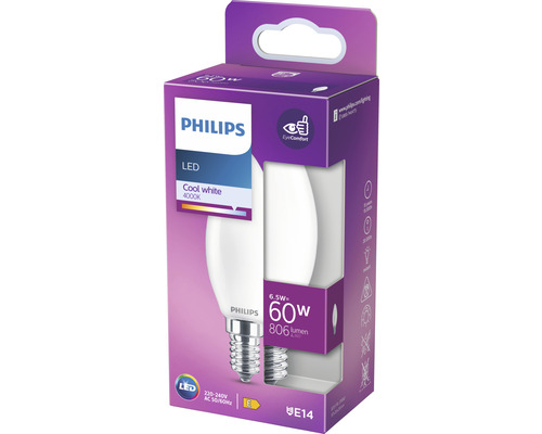 LED Lampe Philips E14/6,5W(60W) 806 lm 4000 K Kerzenform Neutralweiß Milchglas Philips LED Lampe in Verpackung, E14 Fassung, Kaltweiß