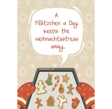 Illustration mit Weihnachtsplätzchen auf einem Backblech und dem Spruch: Ein Keks am Tag hält den Weihnachtsstress fern.