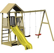 Spielturm mit Rutsche und Schaukel aus Holz
