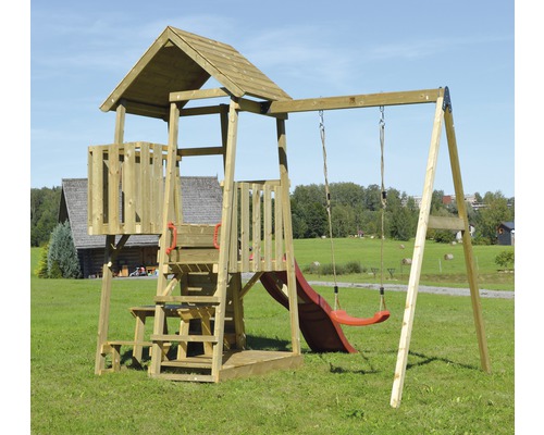 Spielturm Gorilla Holz mit Kletterwand, Schaukel, Sandkasten, Sitzbank und Rutsche rot