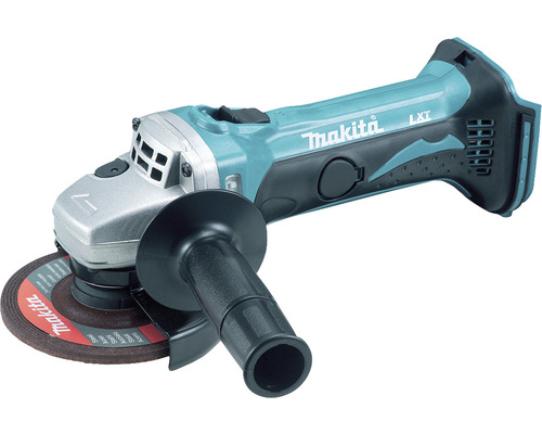 Akkubetriebener Winkelschleifer von Makita mit Schleifscheibe und Griff