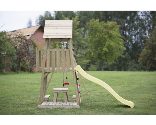 Spielturm aus Holz mit Rutsche und Schaukel für den Garten