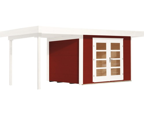 Holzgartenhaus mit Doppeltür unter einem Carportdach