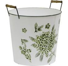 Blumentopf aus Metall mit Blumendekor und Holzgriffen