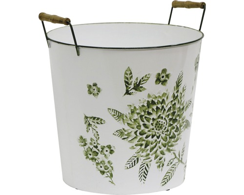 Blumentopf aus Metall mit Blumendekor und Holzgriffen