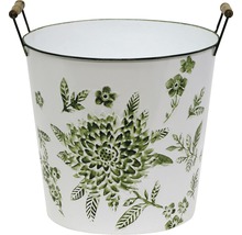 Blumentopf aus Metall mit Blumendekor und Holzgriffen