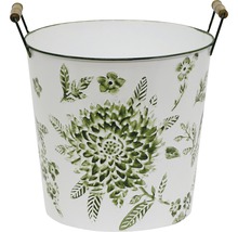 Blumentopf aus Metall mit Blumendekor und Holzgriffen