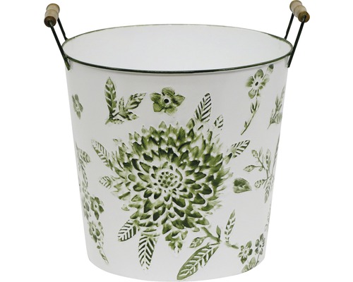 Blumentopf aus Metall mit Blumendekor und Holzgriffen