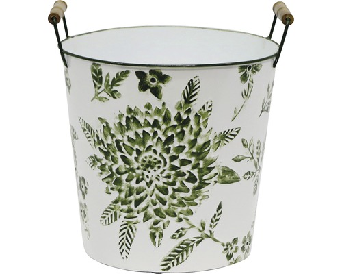 Blumentopf aus Metall mit Blumendesign und Holzgriffen