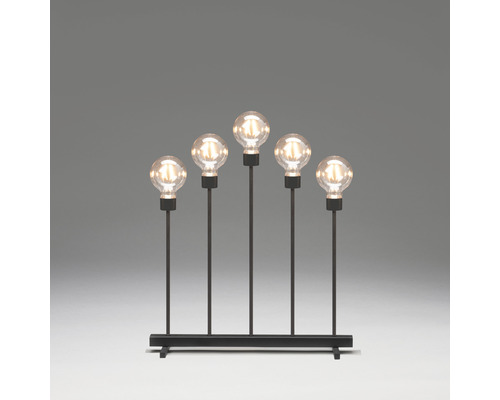 Metallleuchter Konstsmide schwarz Lichtfarbe bernstein 5 LEDs inkl. Dimmer Dekorative Leuchte mit fünf Glühbirnen auf schwarzem Sockel