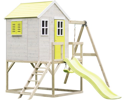 Kinderspielhaus mit Rutsche und Schaukel aus Holz