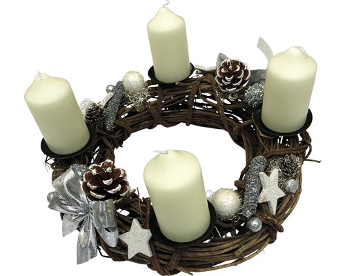 Adventskranz mit vier Kerzen, Tannenzapfen und Sternen