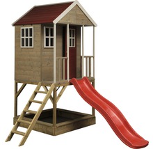 Spielhaus aus Holz mit Rutsche und Sandkasten