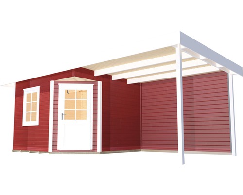 Holzgartenhaus mit Vordach, roter Fassade, Tür und Fenster