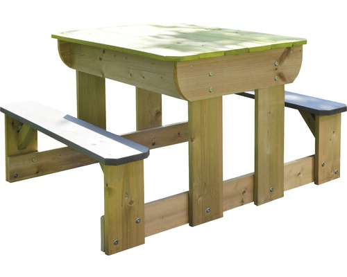 Kindersitzgruppe aus Holz mit Tisch und zwei Bänken