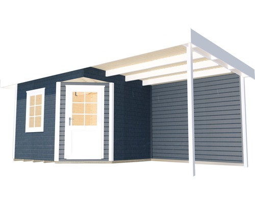 Gartenhaus mit Tür, Fenster und überdachtem Bereich