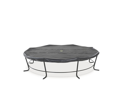 Schwarze Trampolinabdeckung über einem Trampolin.