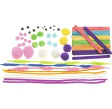 Bastelset mit Pompons, Pfeifenreinigern, Wackelaugen und Holzstäbchen
