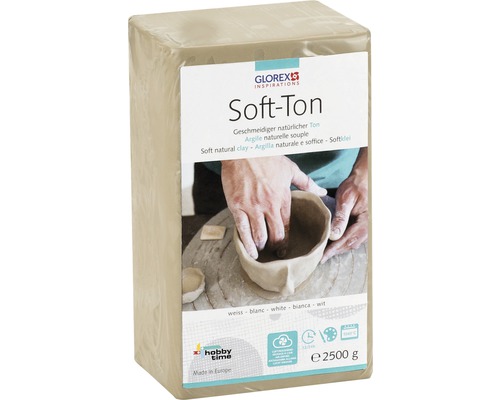 Soft-Ton Modelliermasse gebrauchsfertig weich lufthärtend und ofenhärtend weiß 2,5 kg Packung Soft-Ton, weiße, natürliche Modelliermasse mit einem Gewicht von 2500 Gramm
