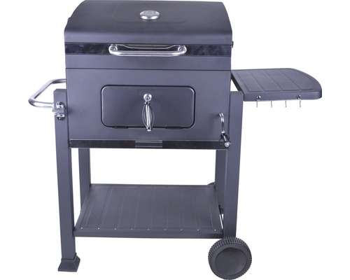 Holzkohlegrill Stahl 117,5 x 66 x 107,5 cm schwarz Grillrost Stahl verchromt inkl. Grillrost, Deckelthermometer, Deckel Holzkohlegrill mit Deckel, Ablage und Rädern