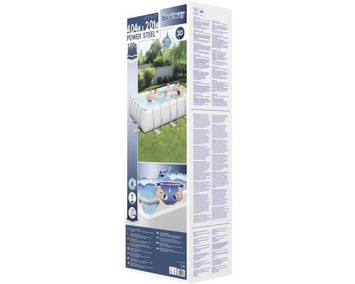 Bestway Power Steel Frame Pool Verpackung mit Produktinformationen.