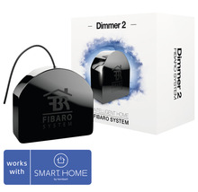 Fibaro Dimmer 2 mit Verpackung und Hornbach Smart Home Kompatibilitätssiegel