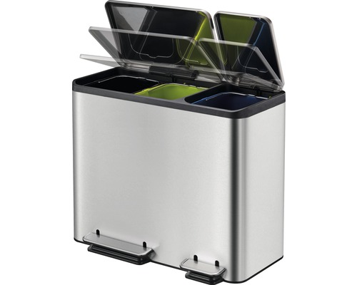 Abfalltrennsystem aus Edelstahl mit drei Fächern und Tretpedalen