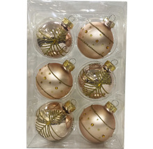 Sechs Christbaumkugeln mit Dekor in einer Verpackung
