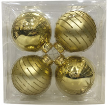 Vier Christbaumkugeln mit Streifenmuster in transparenter Verpackung
