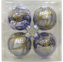 Vier dekorative Christbaumkugeln mit Ornamenten in einer transparenten Verpackung.