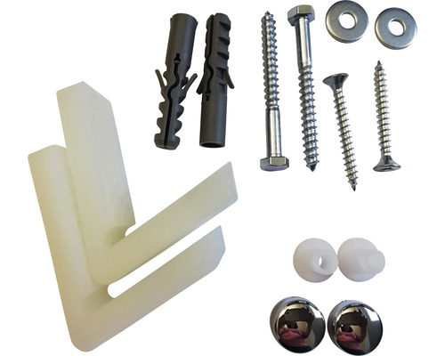 Befestigungsmaterial für ein Wand-WC inklusive Dübel, Schrauben, Unterlegscheiben, Abstandshalter und Abdeckkappen