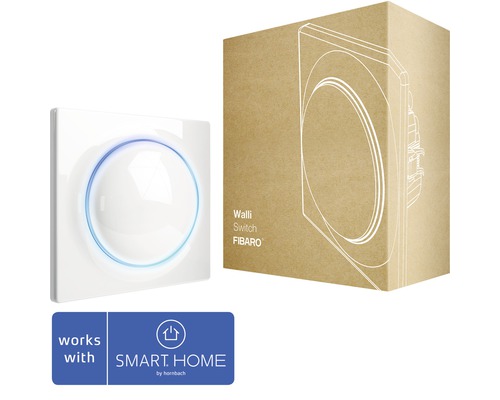 Fibaro Walli Switch Unterputzmodul mit Repeaterfunktion zur Steuerung von ein oder zwei Lichtquellen weiß - Kompatibel mit SMART HOME by hornbach Walli Schalter von Fibaro neben Produktverpackung und Smart Home Symbol