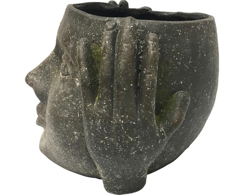 Blumentopf in Form eines Gesichts, das eine Hand vor das Auge hält